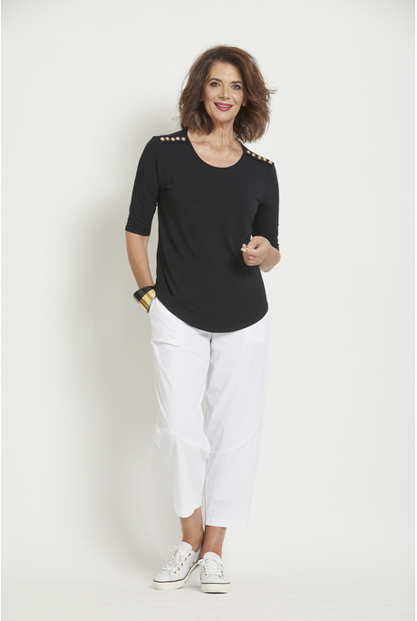 Paula Ryan Button Shoulder Curved Hem Top