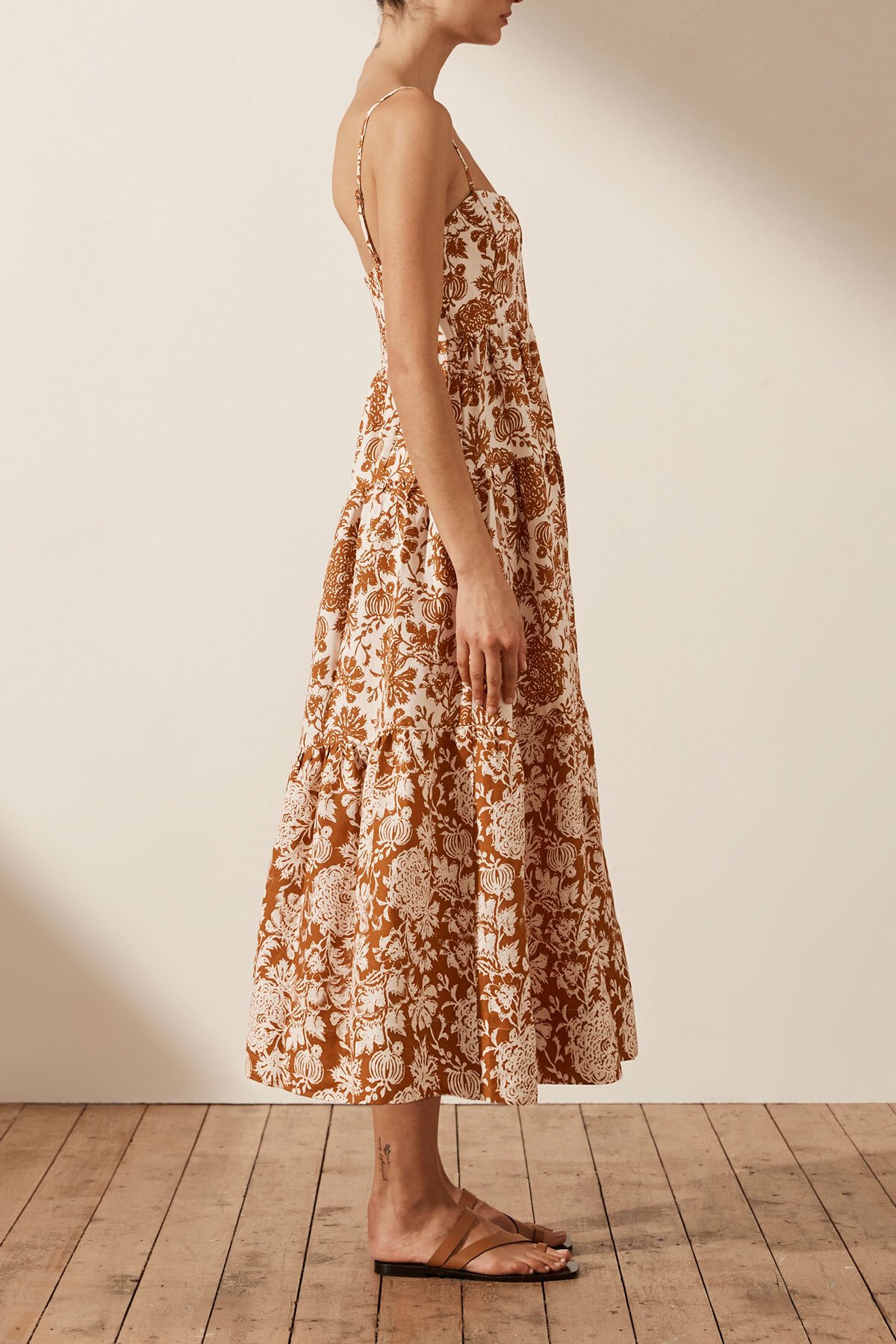 shona joy brown floral dress Shona Joy Orion Backless Midi Dress in Cumin/Multi – Coco & Lola